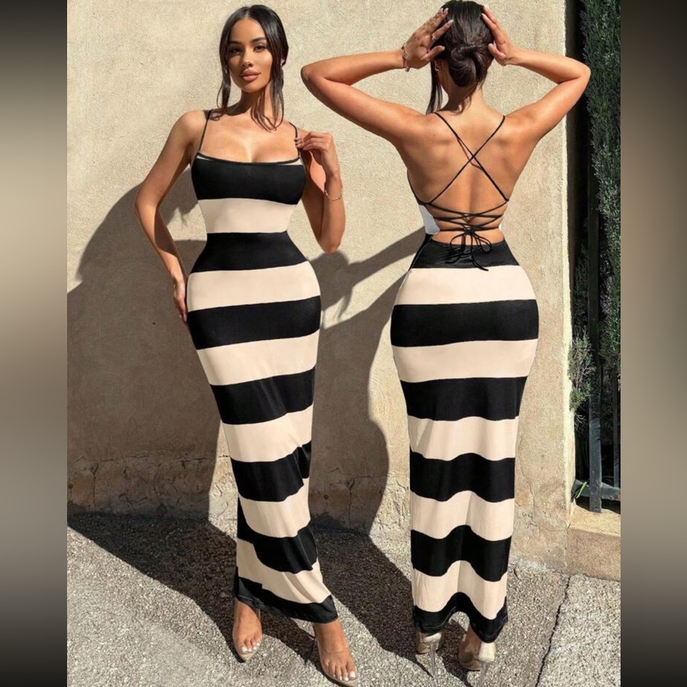 Striped Black and Cream Maxi Dress